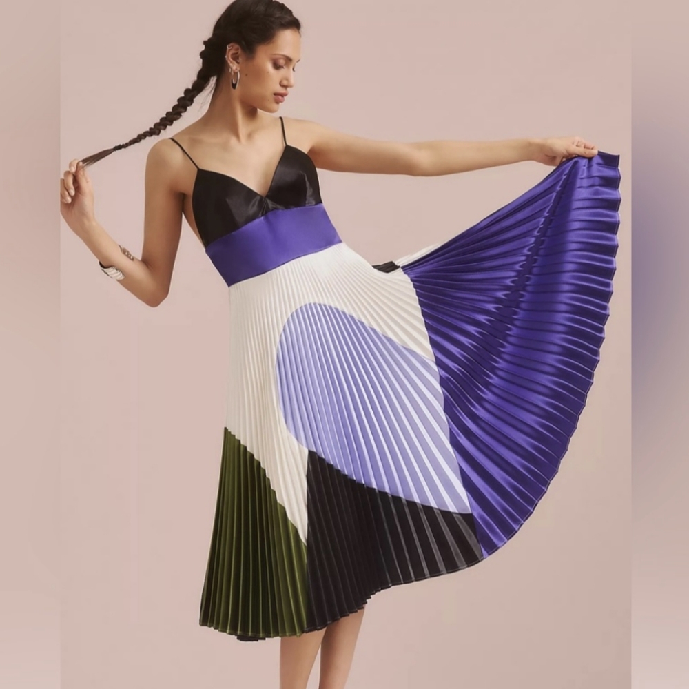NWT Delfi Collective Colorblock Pleated Midi Dress Anthropologie XS